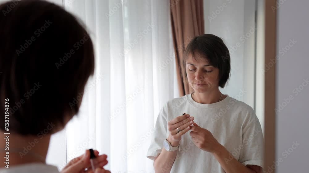 Young woman stands in front of a mirror at home, selects eau de toilette, applies it to her hand, and enjoys the aroma. Perfect for themes of fragrance, beauty, and self-care.