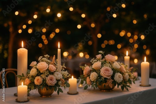 Romantic Evening Gathering With Candles and Flowers in a Softly Lit Outdoor S...