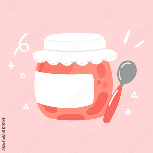 Cartoon style cute glass jar with strawberry jam. on white background