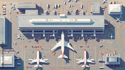 Overhead view of an airport terminal with airplanes, showcasing aviation infrastructure and operations.