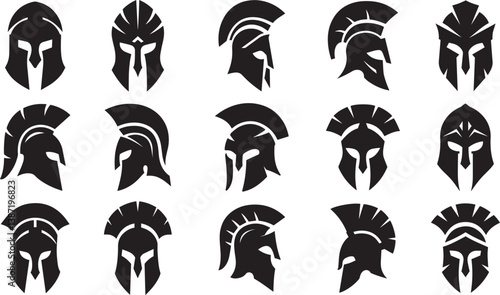 Ancient warrior helmets, Spartan design, Greek and Roman styles, black silhouettes, iconic headgear, historical military equipment, ornate crests, side profiles, frontal views, variety of shapes