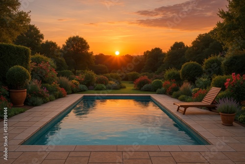 Sunset Over a Tranquil Garden Pool With Blooming Flowers and Lush Greenery