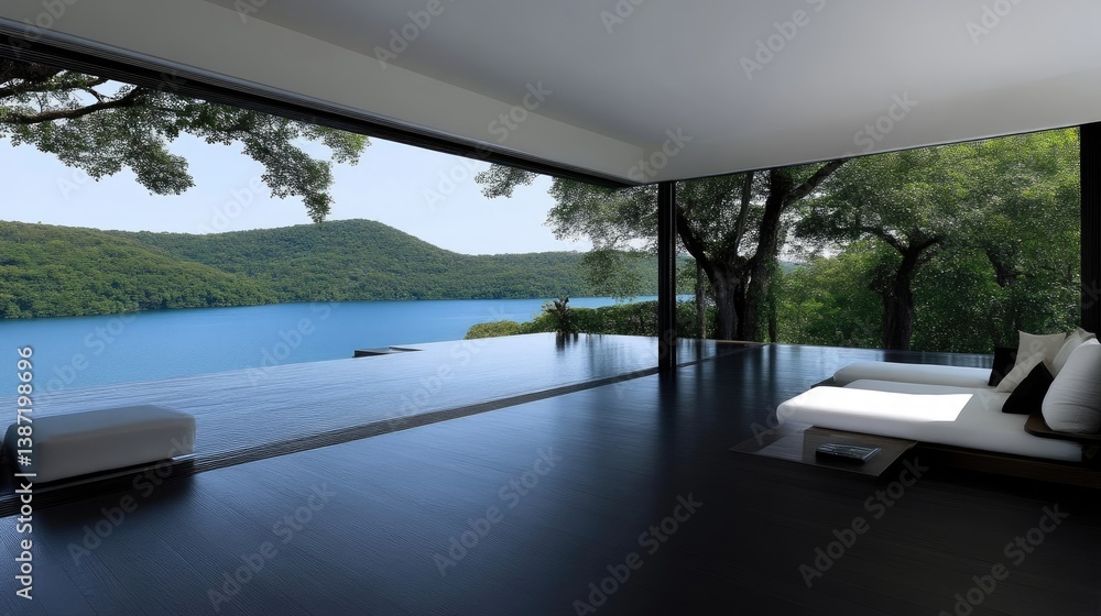 Fototapeta premium Modern, open-plan living space with expansive lake views. Large windows provide stunning vista of water, mountains, and trees. Minimalist,