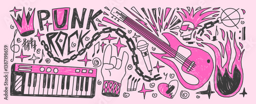 Rock music girly crayon drawn set. Punk festival doodle background. Scribble grunge music concert flyer elements. Guitar, electronic piano horns, crown and note graffiti. Vector illustration.