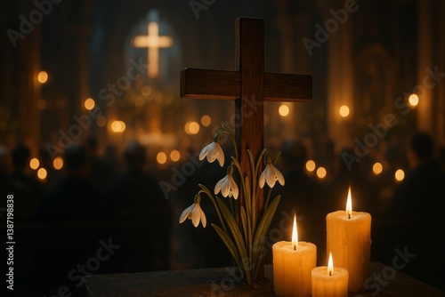 Candlelight Vigil With Flowers and Cross in a Quiet Cathedral During Evening ...