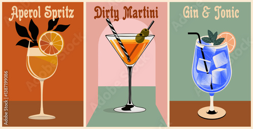 Cocktails retro poster set. Aperol Spritz, Girty Martini, Gin and Tonic. Collection of popular alcohol drinks. Vintage style flat vector illustrations for bar, pub, restaurant, kitchen wall art print.
