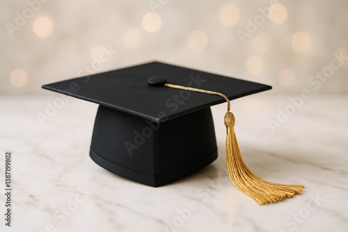 Black Graduation Cap With Gold Tassel on a Marble Surface With a Blurred Back...