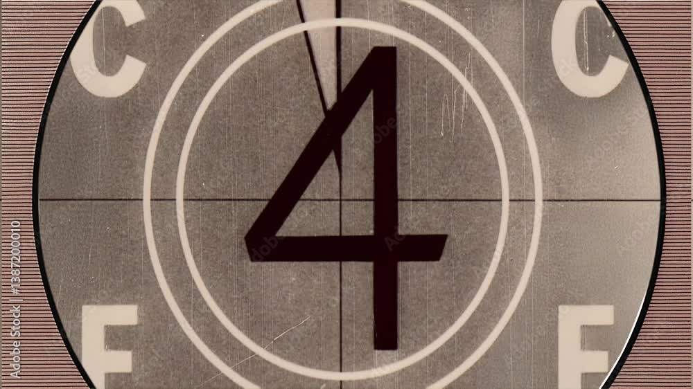 Vintage film countdown leader with number 8-2, aged textures, defocused film look, flicker, grain and scratches effect, classic reel markings for retro video overlays, 4K