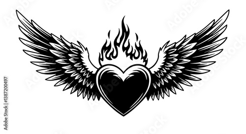 Winged Heart Flames in Vintage Style in Black and White Symbolizing Passion