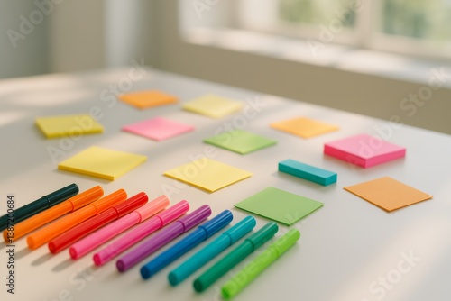 Colorful Sticky Notes and Markers Arranged on a White Table in a Bright Works...