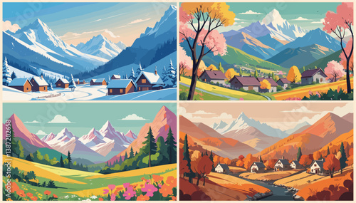 A series of four paintings of mountain landscapes with houses and trees. The paintings are in different seasons, with one in winter, one in spring, one in summer, and one in autumn
