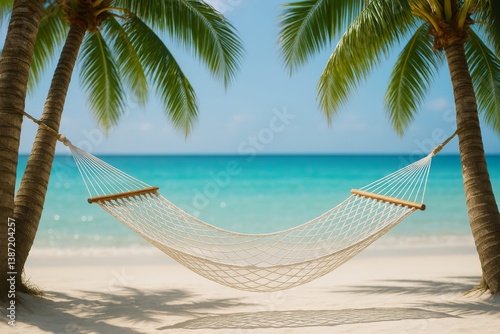 Relaxing Hammock Between Palm Trees on a Sunny Beach With Turquoise Water