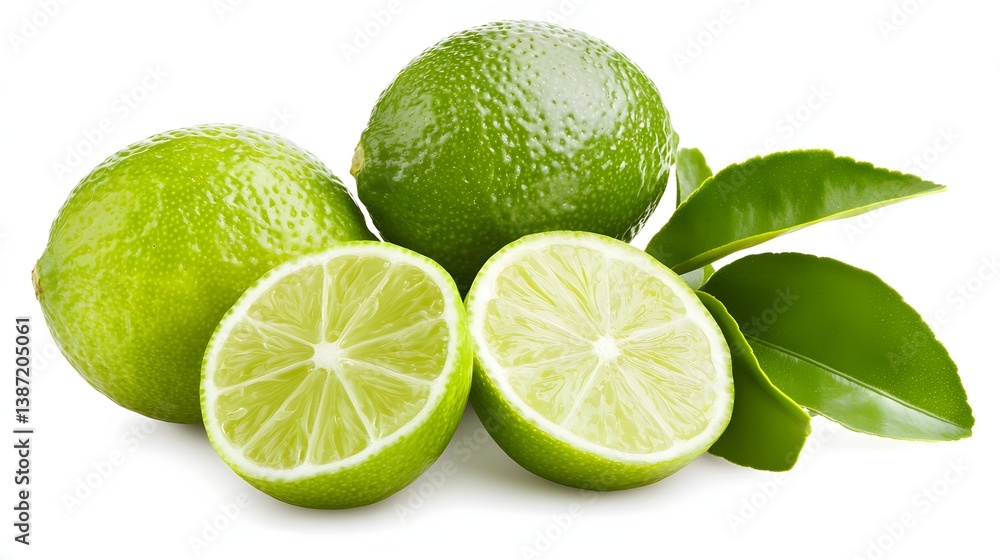 Fresh Limes Sliced and Whole with Green Leaves on White Background for Culinary Use Fresh Limes Sliced and Whole with Green Leaves on White Background for Culinary Use