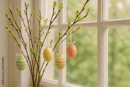 Decorative Easter Eggs Hanging on a Branch Near a Window in Springtime Light