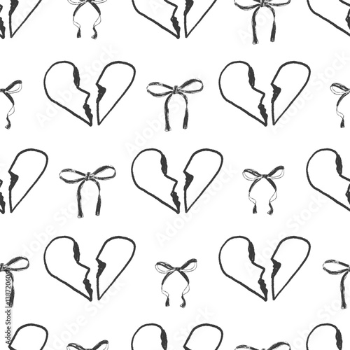 Coquette crayon seamless pattern. Girly marker endless background. Bow and broken heart with crown monochrome repeat cover. Crayon love continuous ornament. Vector hand drawn illustration.