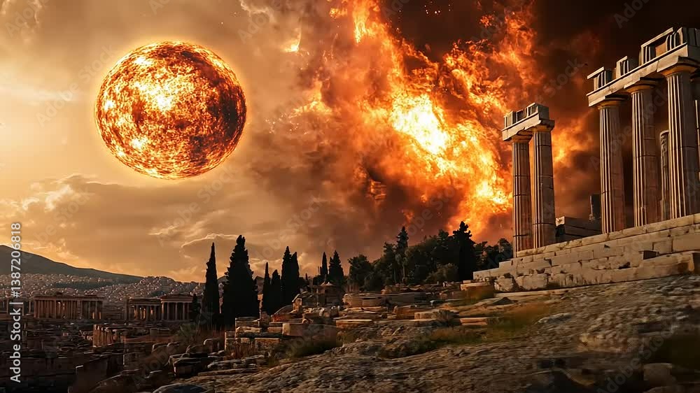 Dramatic sunset over ancient ruins with an explosive sky and a distant cityscape in chaos
