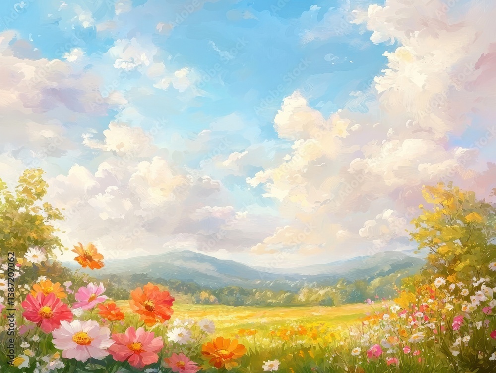 Fototapeta premium Serene Landscape Painting: Blooming Wildflowers and Whispering Sky Under Azure Clouds