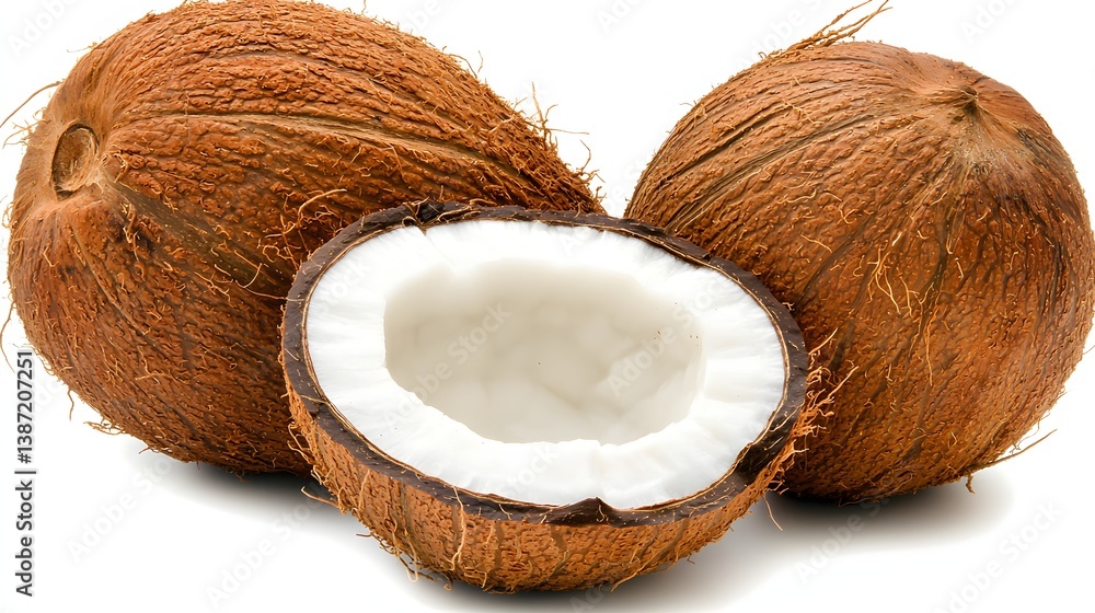 Whole And Halved Fresh Coconuts With Rough Brown Shells And Creamy White Flesh Whole And Halved Fresh Coconuts With Rough Brown Shells And Creamy White Flesh