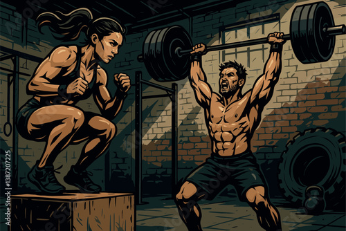 Intense CrossFit Duo Training in Industrial Gym Setting