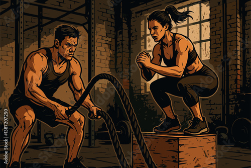Intense CrossFit Duo Training in Industrial Gym Setting