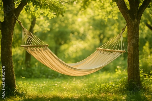 Relaxing Hammock Suspended Between Two Trees in a Sunlit Green Garden During ...