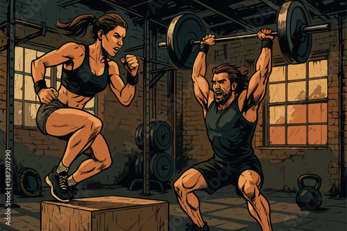 Intense CrossFit Duo Training in Industrial Gym Setting