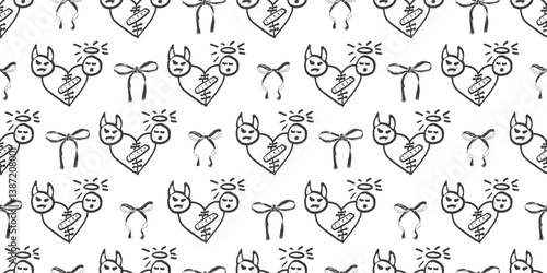 Devil and angel crayon seamless pattern. Girly marker endless background. Bowknot and broken heart repeat cover. Crayon bow and love continuous ornament. Vector hand drawn illustration.