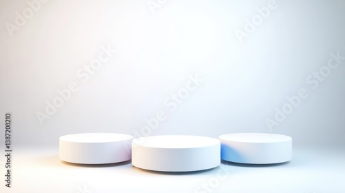 Three white cylindrical podiums are arranged in a row against a bright white background. The image features soft, even lighting. The style is minimalist and clean. Cool and warm white tones create