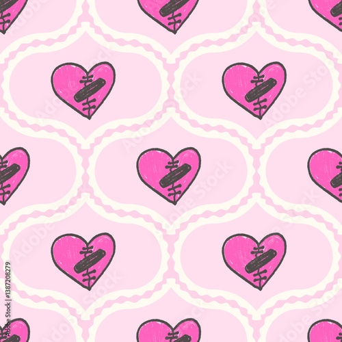 Broken heart damask seamless pattern. Coquette ogee marker endless background. Crayon scallop border love continuous ornament. Surface pattern girly motif. Vector hand drawn illustration.