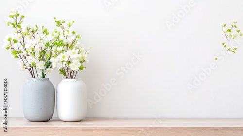 Wallpaper Mural Two vases hold white flowering branches. A grey and white vase sit on a light wood shelf against a white wall. The image is crisp and bright, with a minimalist aesthetic. Soft, calming colors creat Torontodigital.ca