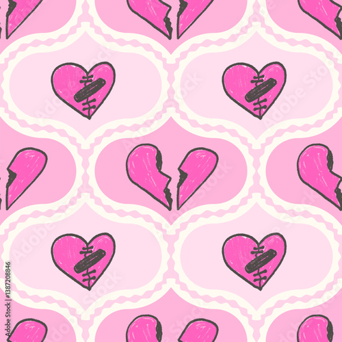 Broken heart damask seamless pattern. Coquette ogee marker endless background. Crayon scallop border love continuous ornament. Surface pattern girly motif. Vector hand drawn illustration.