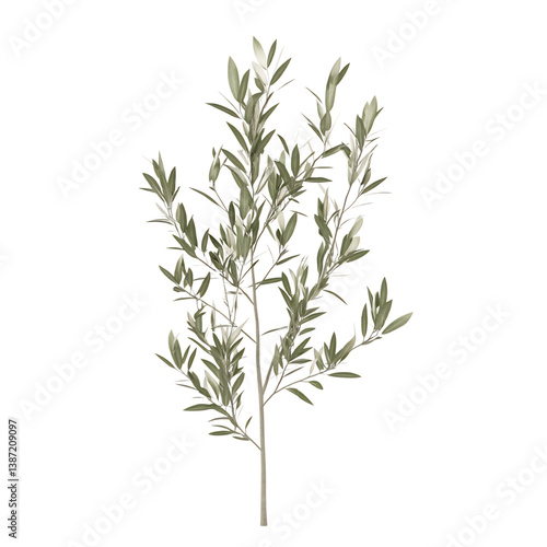 3D Olive Tree Sapling with Narrow Silver Green Leaves Isolated on Transparent Background
