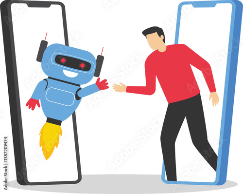 Businesswoman and robot shaking hands. Human and artificial intelligent partnership concept

