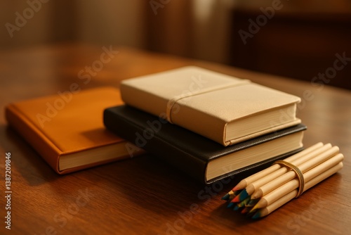 Notebooks and Colored Pencils Arranged on a Wooden Table for Creative Writing...