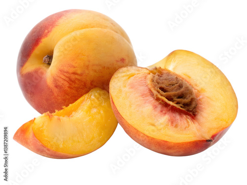 Ripe Peaches, Whole and Sliced, on Transparent Background