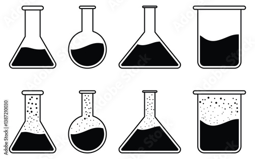 Chemical flask or erlenmeyer flask vector set, laboratory chemical glassware equipment, flat design illustration.