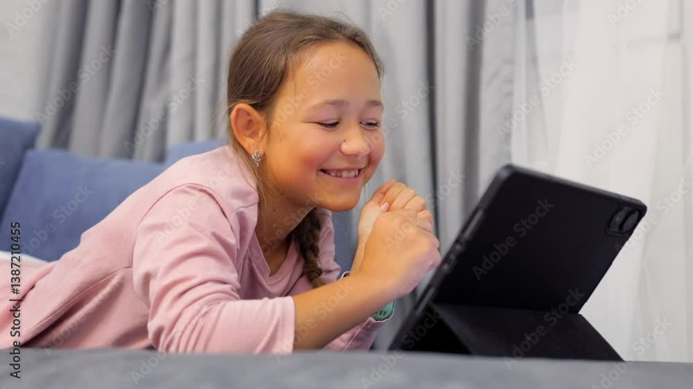 A girl lies on her stomach on the sofa, holding a tablet and laughing joyfully. Her face shows amusement as she enjoys what she’s seeing. Perfect for themes of fun, technology, and relaxation. A girl lies on her stomach on the sofa, holding a tablet and laughing joyfully. Her face shows amusement as she enjoys what she’s seeing. Perfect for themes of fun, technology, and relaxation.