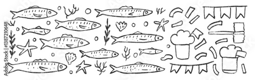 Fishes line doodle set. Santos populares festival set. Manjerico, sardines hand drawn scribble. School of fish in the sea. Vector illustration by pencil on white background. Chalk Portugal party.