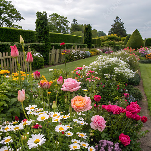 garden background, colorful flowers blooming in spring, beautiful flower garden view