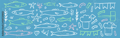 Fishes line doodle set. Santos Populares festival. Sardines hand drawn scribble. School of fish with algae, manjerico, party elements . Vector illustration. Crayon Lisbon party clipart.