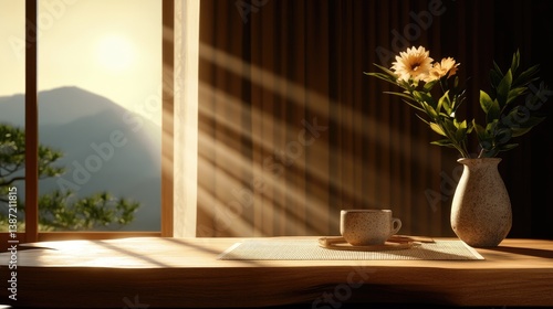 ** Serene Morning: Sunlit Room with Flower Vase and Coffee Mug for Relaxation and Mindfulness