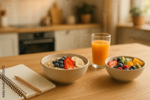 Delicious Healthy Breakfast Served With Fruit and Juice in a Bright Kitchen S...