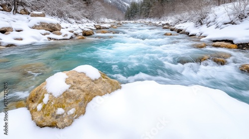 Winter mountain stream, turquoise water, snow-covered rocks