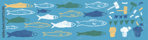 Fishes line doodle set. Santos Populares festival. Sardines, hammer, confetti hand drawn scribble. Fish with garlands, manjerico, party elements . Vector illustration. Crayon naive underwater life.