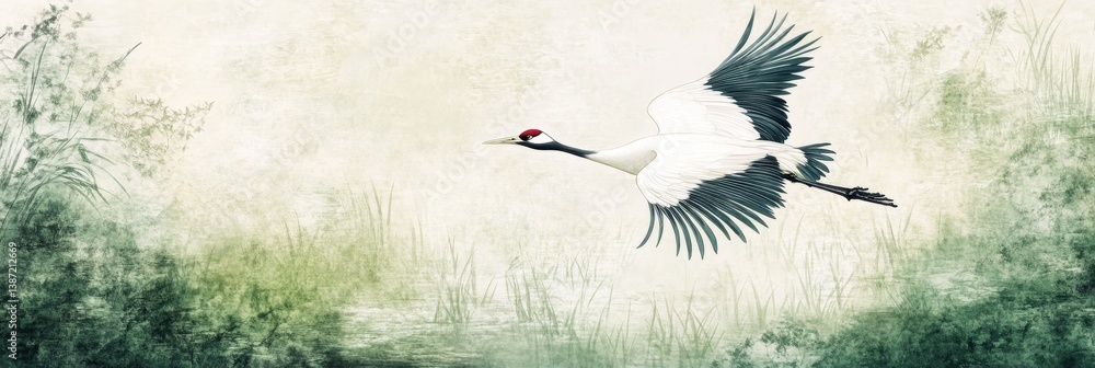 Fototapeta premium A crane in flight over a blurred green and white
