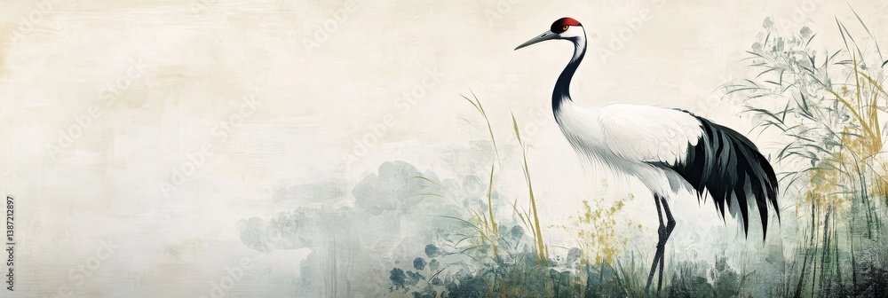 Fototapeta premium Painting of a crane standing in a misty field with
