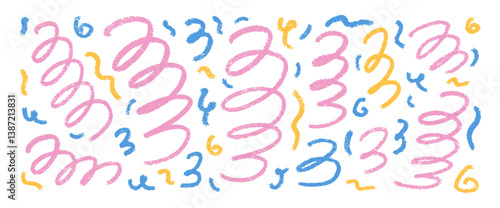 Colorful crayon squiggles lines. Hand drawn kids confetti. Brush stroke linear scribble elements set isolated on white background. Scribble party celebration decoration..