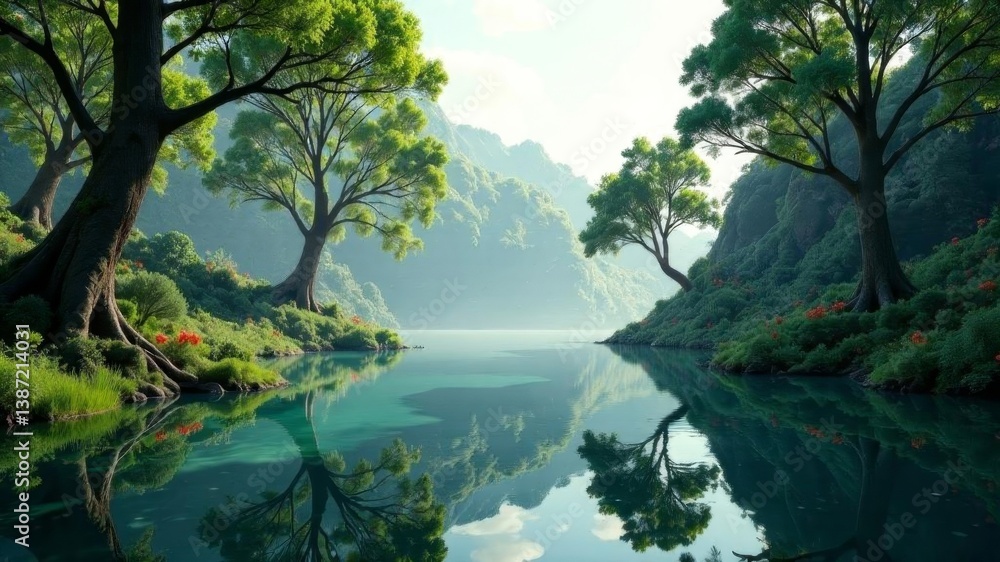 Peaceful forest river landscape with tall trees and calm reflections on water. Peaceful forest river landscape with tall trees and calm reflections on water.