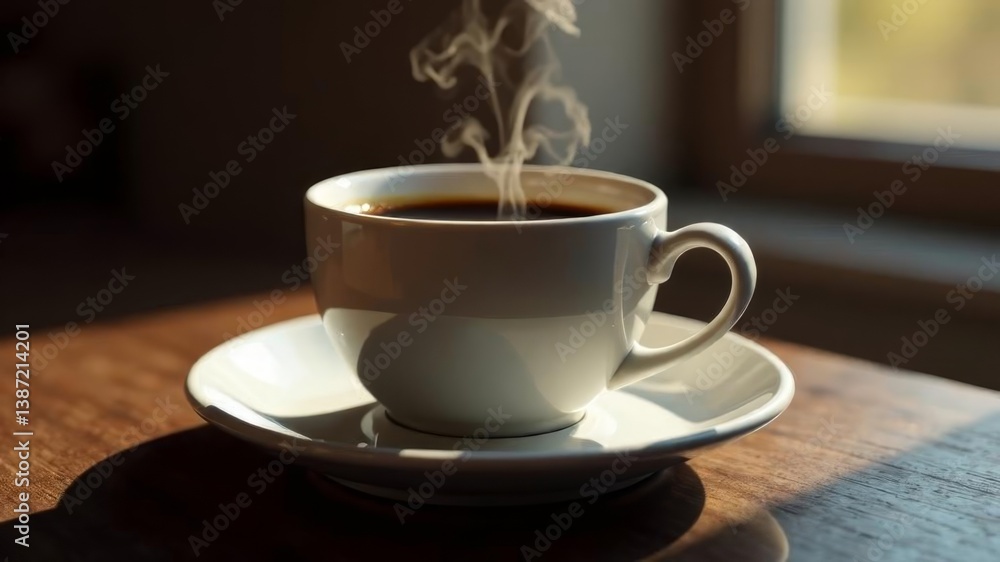 Fototapeta premium Steaming cup of hot coffee in white ceramic mug near window on wooden table.