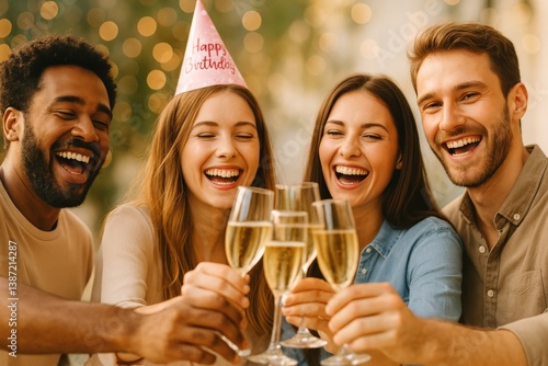 Friends Celebrate a Birthday With Joyful Laughter and Raised Glasses in a Fes...